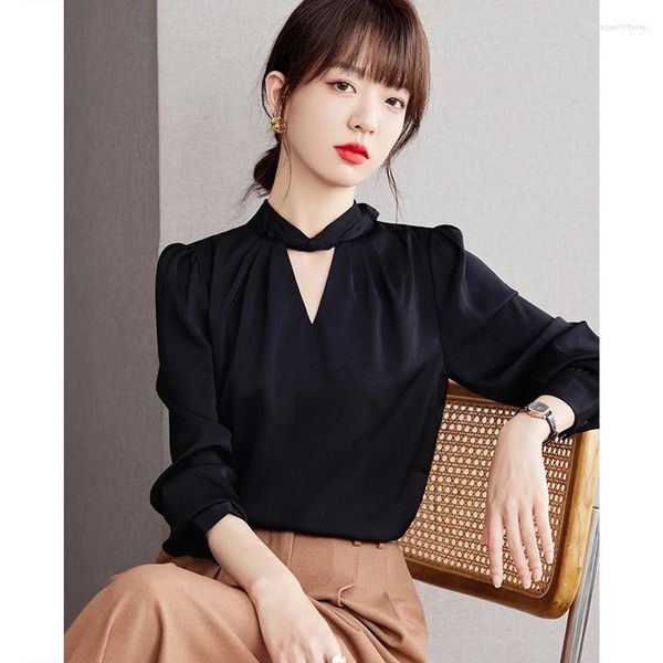 Kadın bluzları Siyah saten uzun kollu gömlek kadın üstleri bahar sonbahar ofisi bayan zarif şık ince gündelik yay içi boş iş d2674