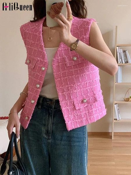 Gilets pour femmes Été Petit Parfum Sans Manches Rose Simple Boutonnage Gilet Femmes De Luxe Polyvalent Tweed Réservoir Casual Crop Tops Gilet