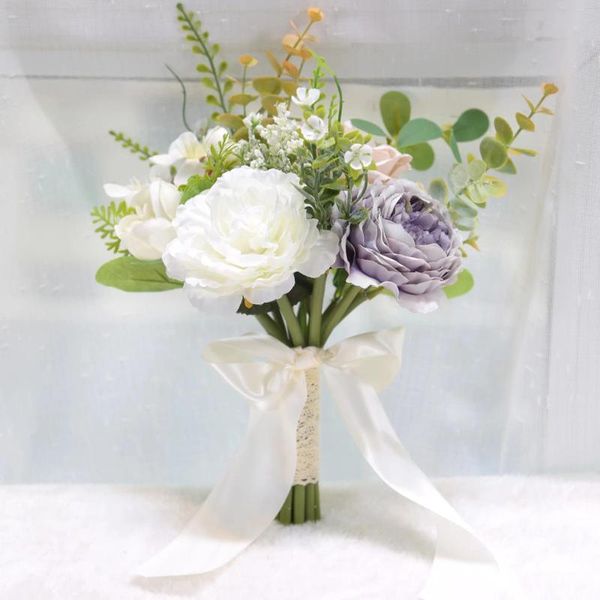 Bouquet di fiori decorativi di rose naturali artificiali Matrimonio con nastro di seta Festa nuziale per damigelle d'onore rosa e bianco champagne