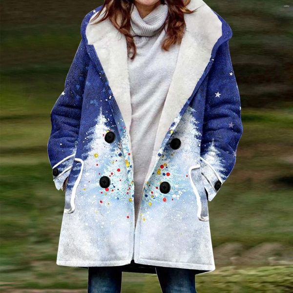 Trench da donna Autunno/Inverno Natale stampato H caldo cappotto con tasca con cappuccio giacca a vento impermeabile con cappuccio