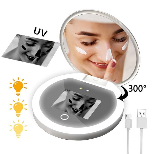 Espelhos compactos Câmera UV inteligente espelho protetor solar Maquiagem com luzes LED mini portátil compacto bolso mão viagem redondo espelhos de vaidade dobráveis 231214