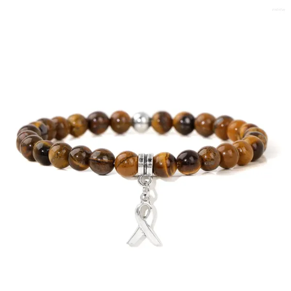 Bracciale con ciondolo in nastro di seta Hope Pray, con perline di pietra naturale occhio di tigre, braccialetto di guarigione per la consapevolezza del cancro al seno