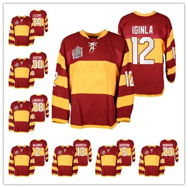 CUSTOM Custom Heritage Classic 2011 Vintage Hockey 12 Трикотажные изделия Jarome Iginla Al MacInnis, Шон Монахан, Элиас Линдхольм, Джонни Годро, разминка