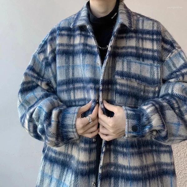 Мужские куртки, шерстяная клетчатая куртка, осень-зима, отложной воротник, свободные пальто в корейском стиле, модная уличная рубашка с длинным рукавом, синяя