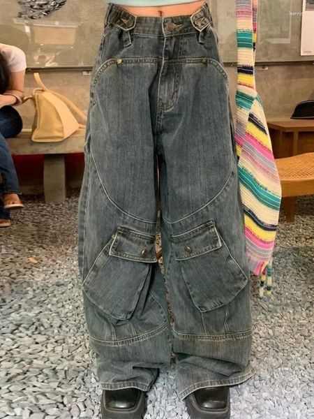 Женские джинсы DEEPTOWN Baggy Y2k, женская уличная одежда, большие карманы, лоскутные брюки-карго, винтажные прямые брюки в стиле панк