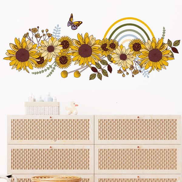 Adesivos de parede retrô com flores, girassóis, borboletas, para sala de estar, quarto, casa, decalques decorativos de parede, murais de pvc, decoração de papel de parede