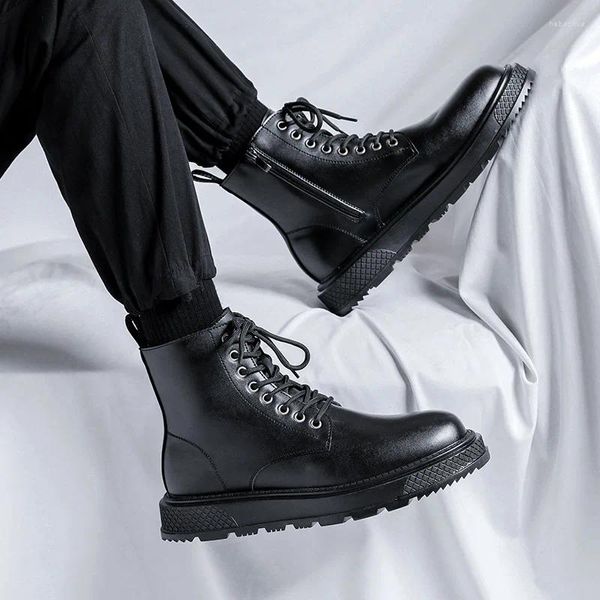 Botas masculinas moda couro original preto elegante plataforma sapatos marca designer cowboy tornozelo boot festa banquete curto botas mans