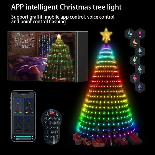 Decorazioni natalizie YBX-ZN Smart Christmas Tree Toppers Luci App Immagine fai da te LED RGB String Light Controllo Bluetooth LED Star String Waterfall 231214
