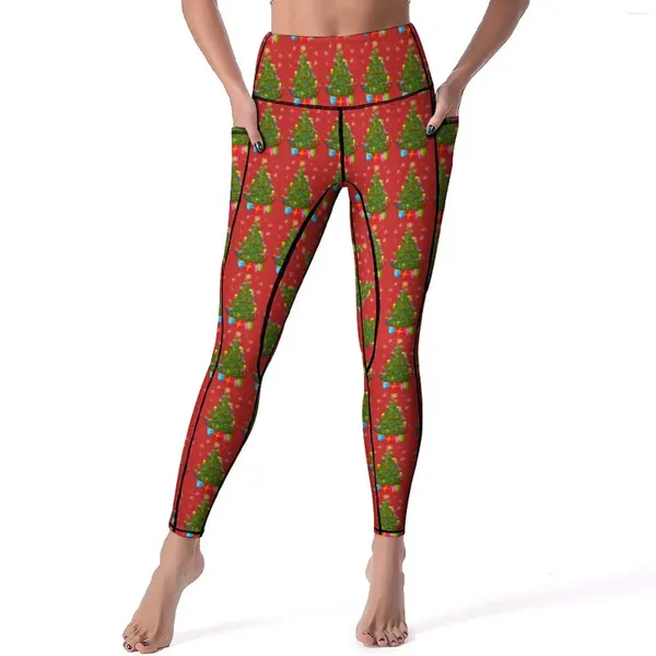 Leggings da donna Pantaloni da yoga verde albero di Natale Stampa natalizia sexy Leggins fitness a vita alta personalizzati Collant sportivi elasticizzati dolci da donna