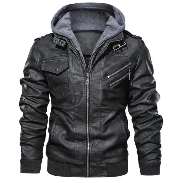 Jaquetas masculinas Moda masculina Jaqueta de couro PU com capuz removível para outono e inverno - Jaqueta de motociclista preta clássica 231213