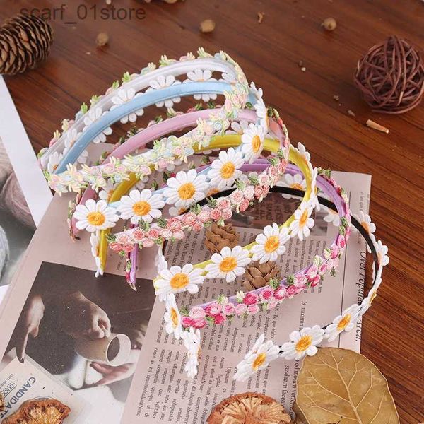 Headwear Acessórios de cabelo Boho Chic Daisy Girls Headbands Mulheres Bordados Sólidos Flor Faixas de Cabelo Crianças Podem Crisântemo Headwear Acessórios de Cabelo L231214