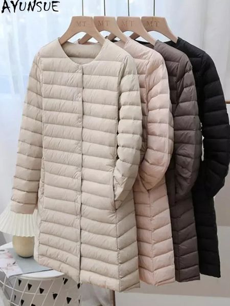 Mulheres Down Parkas Ayunsue Inverno Ultra Light Thin Duck Down Casaco Mulheres Primavera Long Slim Quente Básico Acolchoado Puffer Jacket ED1957L 231213