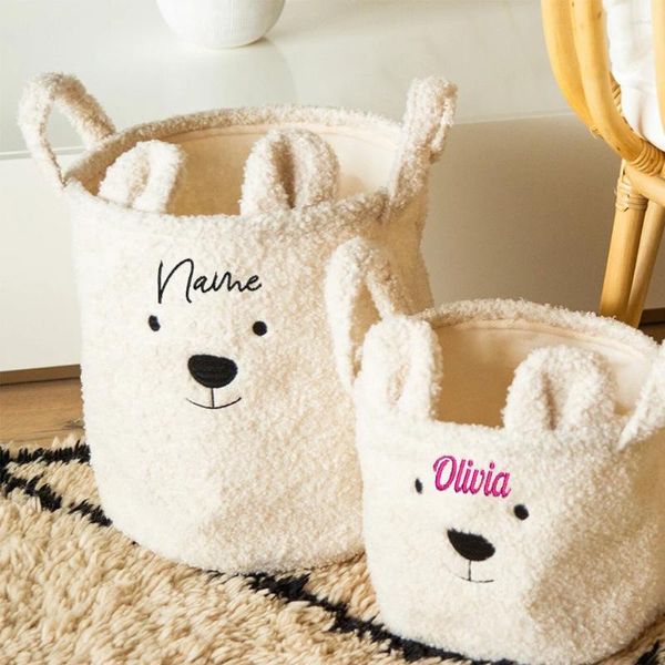 Mochila bordada urso cabeça cordeiro cabelo lona cesta de armazenamento brinquedo lanche personalizado pano sujo saco