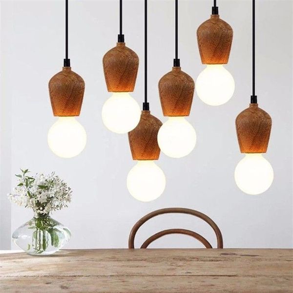 Modern Meşe Ahşap Kolye Işıkları Vintage Kordon Kolye Lamba Asma Işık Fikstürü Siyah Tel Edison E27 Ampul Süspansiyon Luminaire271n