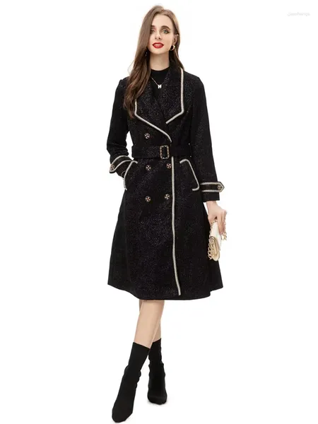 Mulheres Trench Coats Overcoat Inverno Outono Alta Qualidade Moda Festa Cinto Preto Casual Escritório Tops Chic Slim Workplace Temperamento Casaco