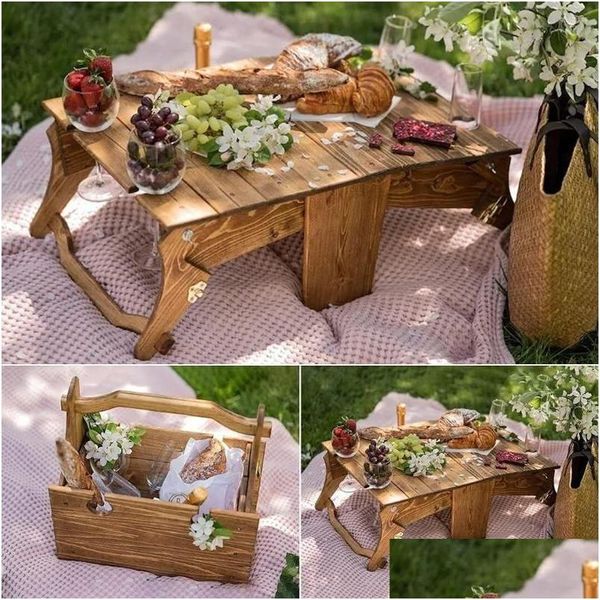 Camp Furniture Camp Furniture Tragbare Outdoor-Tische Aus Holz Klappbarer Picknickkorb Tisch Rec Klappbarer Schreibtisch Weinglasregal Zusammenklappbar Dha4W