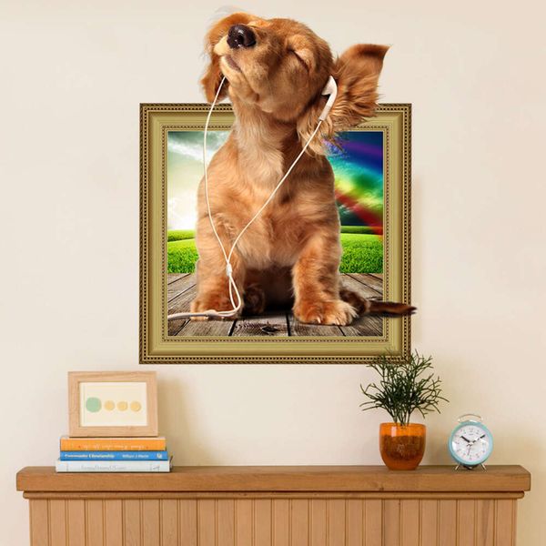 3d стикер на стену с собакой, милое животное, вид на отверстие, яркий, для гостиной, домашний декор, наклейка, наклейка на стену с собакой, милый кот