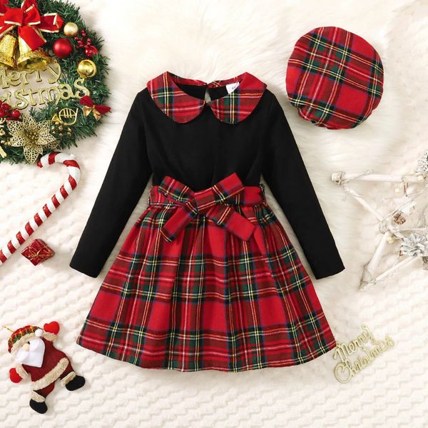 Платья для девочек, рождественские наряды для маленьких девочек, красное клетчатое платье с рюшами, осенне-зимняя шапка принцессы, рождественское платье, 231214