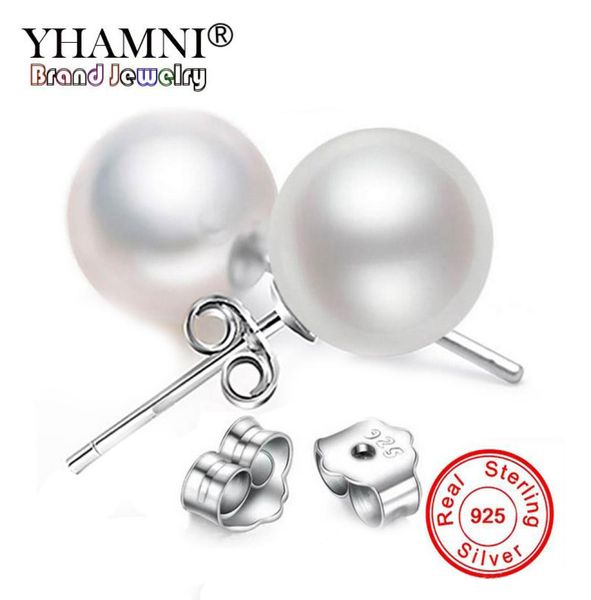 Yhamni tem s925 carimbo 100 925 brincos de prata esterlina para mulheres lado duplo 8mm brincos de pérola nova joia ed0299660786
