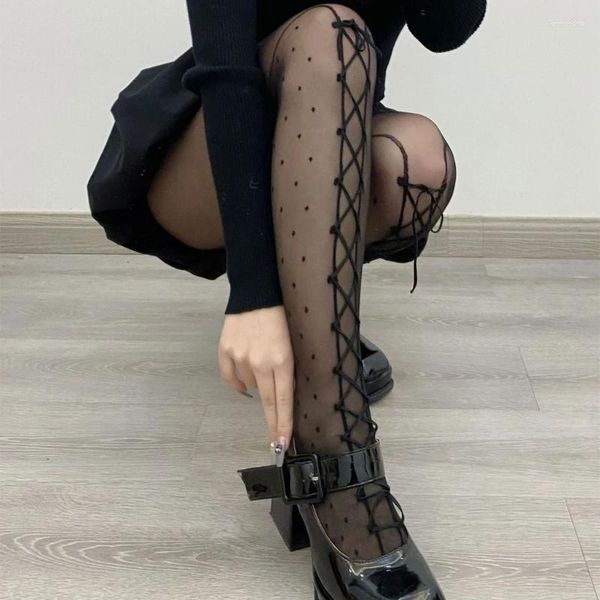 Frauen Socken japanische Vintage -Punkte gemustert dünne Leggings Strumpfhosen sexy sehen durch Verband Patchwork Strumpfhose 37JB