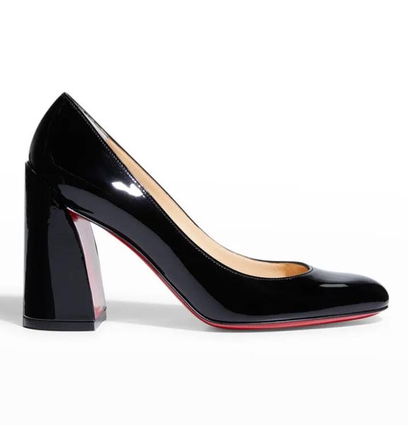 Bayan Pompalar Siyah Patent Deri Bayan SAB 55mm Yuvarlak Toe Lady Sandal Yüksek Topuklu Blok Topuklu Düğün Elbise Pompası Lüks Paris Tasarımcı Kutu