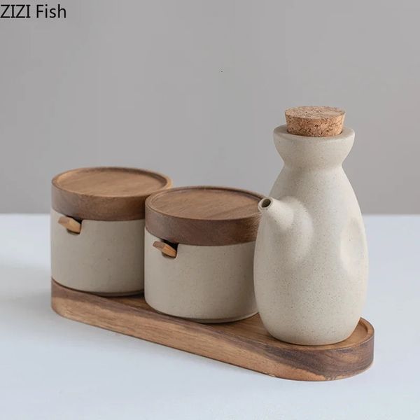 Ferramentas de tempero de ervas japonês cozinha jar combinação sal e pimenta shaker pote de óleo conjunto tempero cerâmica casa ferramenta de cor sólida 231213