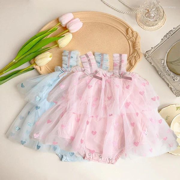 Kız Elbiseler Doğdu Kız Bebek Romper Yaz Giysileri Kolsuz Toddler Bodysuits Mesh Kalp Baskı Sevimli Bebek Tulumları Elbise