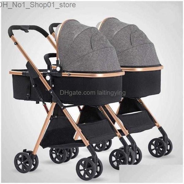 Carrinhos # Strollers # Strollers Twin Baby 3 em 1 Destacável Alta Paisagem Leve Dobrável Absorvente Duplo Dois Slee Basket Carriage Drop De Dhk8V Q231215