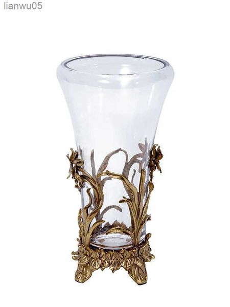 Vasen Europäisches amerikanisches Kristallglas mit Kupfer-High-End-Luxus-Wohnaccessoires transparente Wohnzimmervase BlumeL231213