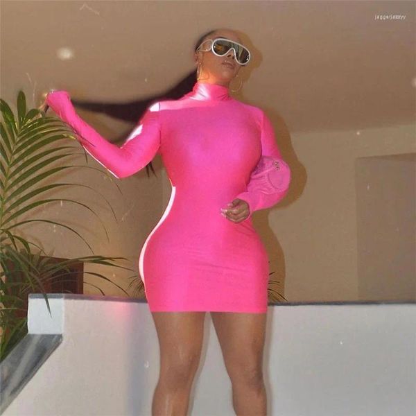 Casual Kleider Zabrina Mode Langarm Rosa Party Für Frauen 2023 Herbst Sexy Rollkragen Bodycon Kleidung Y2k Nachtclub Mini Vestidos