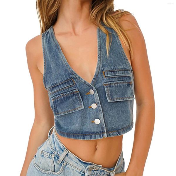 Damen Tanks Sexy Jeansweste Vintage Deep V Einreiher Crop Top mit Taschen Y2K Street Hip Hop Camisole Sommer Tops mit nacktem Bauch