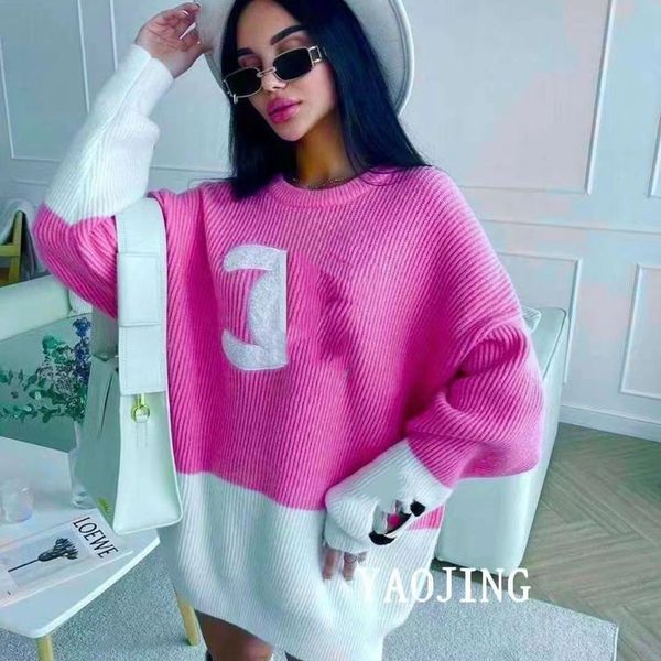 Canal moletom com capuz novo design feminino bloco de cores logotipo bordado malha solta médio longo suéter jumpers SMLXL 782