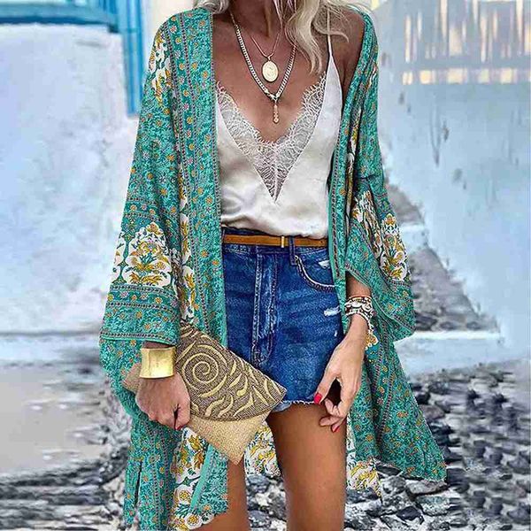 Damen-Bademode WeHello 2023 Sommer Bohemian Casual Cloak Cardigan für Badeanzug Frau Strandbadebekleidung Tops Langarm-Schal-Chiffon-Hemd YQ231218