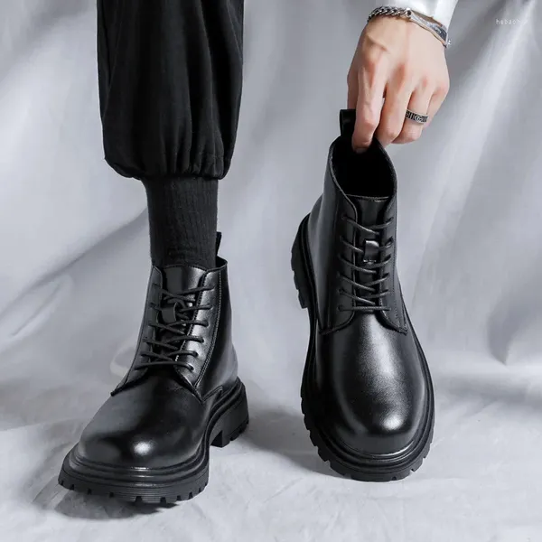 Botas masculinas casuais de negócios casamento formal vestido de couro genuíno maré preta sapatos de plataforma rendas bota de cowboy tornozelo botas masculinas