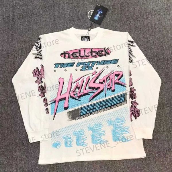 Erkek Tişörtler Hellstar Beyaz Pamuk T-Shirt Yüksek Tanımlı Büyük Resim Yuvarlak Boyun High Street Doğru Versiyon 1 1 Büyük Üst Uzun Slee T231214