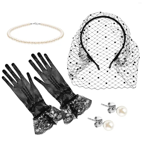 Bandanas bandana luva colar pérola feminino fascinators tea party studs brincos pretos véu de plástico miss