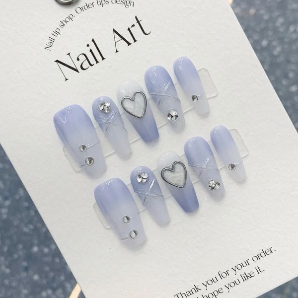 Künstliche Nägel, handgefertigt, sanftes Blau, zum Aufdrücken von Acrylnägeln mit Strasssteinen, koreanische wiederverwendbare künstliche Nägel, künstliche Nagelspitzen mit vollständiger Abdeckung für Mädchen, 231214