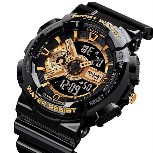 SKMEI LED Digital THOCK Мужские аналоговые кварцевые черные золотые электронные наручные часы Masculino G Стиль Водонепроницаемые пластиковые спортивные часы229a