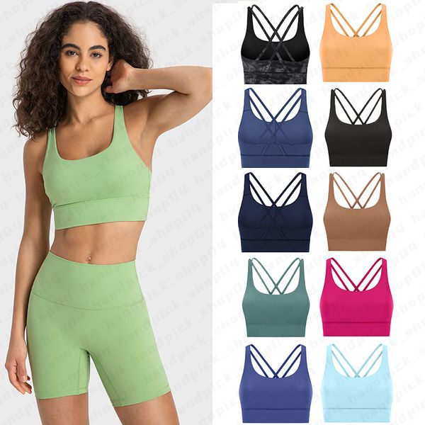 Lu Yoga Strappy Longline Spor Sütyenleri için Criss Cross Cross Yoga Sütyen Kırpılmış Tank Tops Atletik Koşu Egzersiz Sütyen Çıkarılabilir Pedler A-141