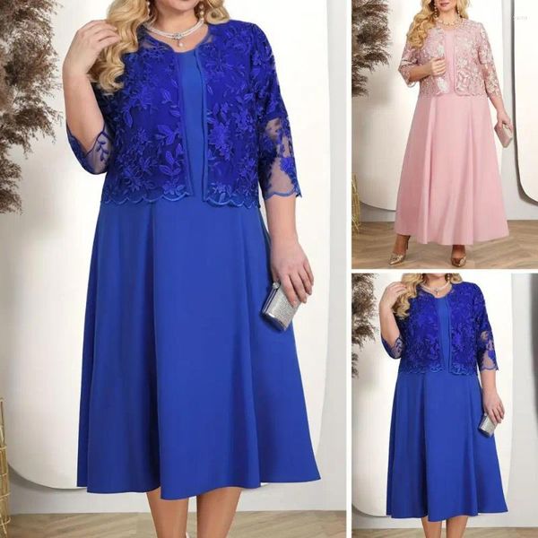 Lässige Kleider Plus-Size-Kleid-Mantel-Set Elegantes Plus-Size-Damen-Party-Outfit O-Ausschnitt Midi mit Stickerei Spitze Blumen für Besonderes