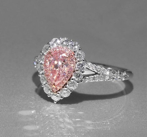 Rosa tropfenförmiger CZ-Diamant-Hochzeitsgeschenkring, 925er-Sterlingsilber vergoldet, Wassertropfen, Verlobungsringe, Einzelhandelsbox-Set für Damen 8348852