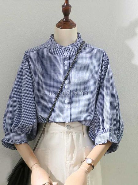 Camicette da donna Camicie Lamtrip Preppy Style Camicia a mezza manica con colletto arricciato scozzese blu e bianco YQ231214