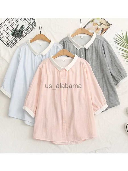 Blusas femininas camisas lamtrip unqiue camadas duplas super macio fio de algodão amigável à pele peter pan colarinho meia manga camisa blusa mori 2023 verão yq231214