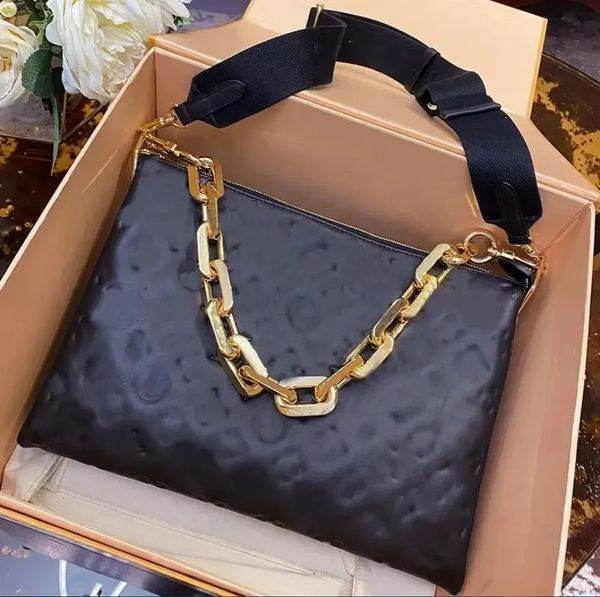 10A Bolsa de designer de couro genuíno Bolsas de ombro Crossbody Corrente de ouro Bolsa Bolsa Bolsa Alças largas removíveis Carteiras de couro genuíno 3 compartimentos internos