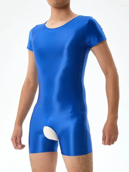 Männer Body Shaper Sexy Open Crotch Bodysuit Kurzarm Öl Glänzende Glänzende Strumpfhosen Hohe Elastische Mann Kleidung Exotische Trikot