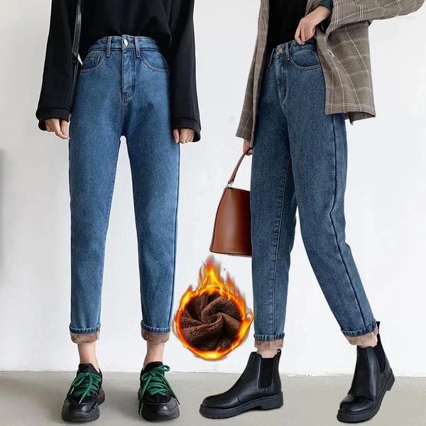 Calças de brim femininas casuais oversized mais veludo cintura alta denim calças inverno grosso quente cowboy harem calças moda coreana vaqueros baggy