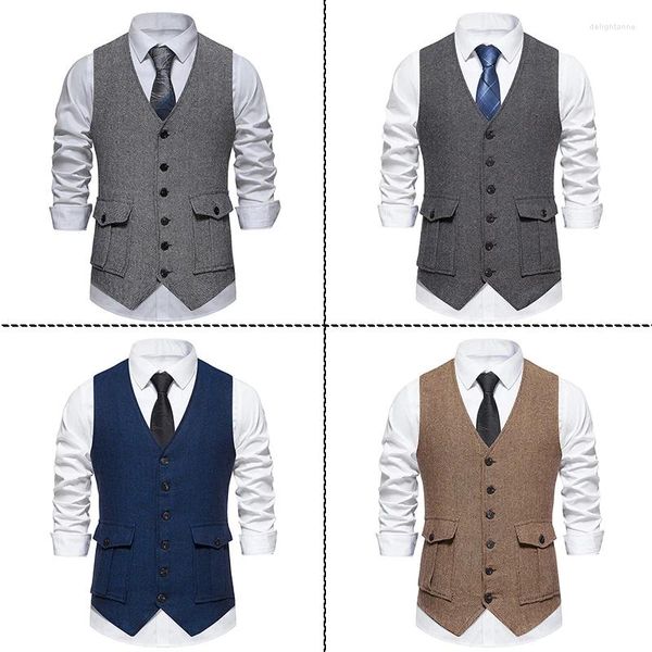 Coletes masculinos homens terno colete único breasted lã misturada sem mangas jaqueta blazer fino ajuste casual casamento formal colete de negócios