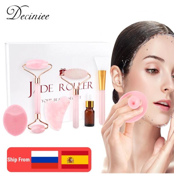 Massaggiatore per gli occhi Strumenti per la cura della pelle del viso 6In1 Rullo di giada Quarzo rosa Pietra naturale Kit massaggiatore Gua Sha per la pulizia del lifting del viso Antirughe 231214