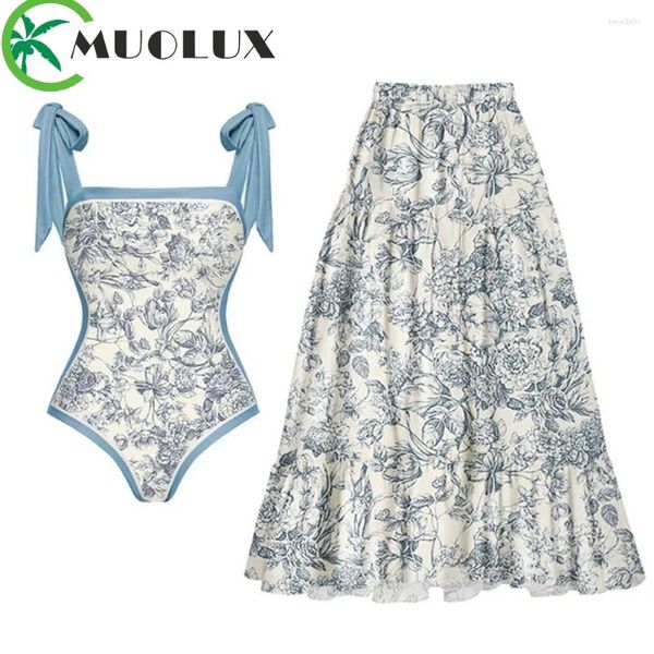 Costume da bagno donna MUOLUX 2023 Costume intero sexy con gonna bikini con pareo Abito da spiaggia con stampa reversibile vintage Costume da bagno