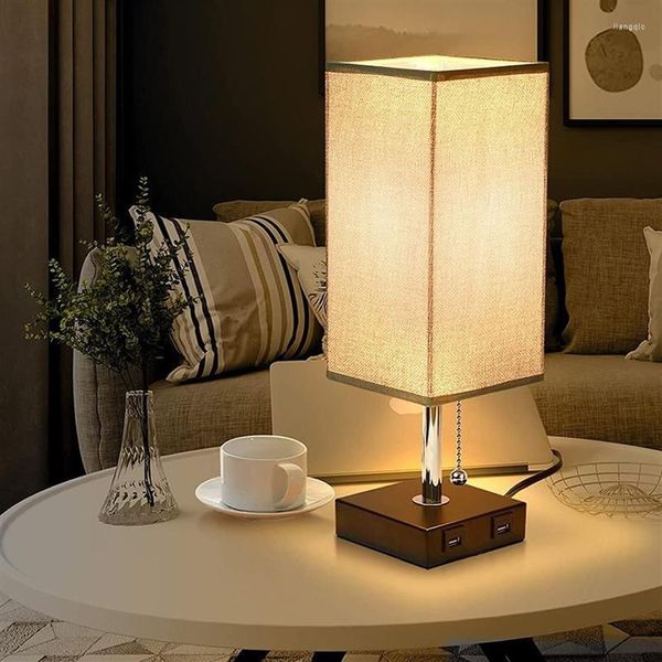 Настольные лампы, скандинавская прикроватная лампа, выдвижной переключатель, настольная прикроватная тумбочка с 2 зарядками через USB, льняной абажур для домашнего декора спальни, освещение 221k